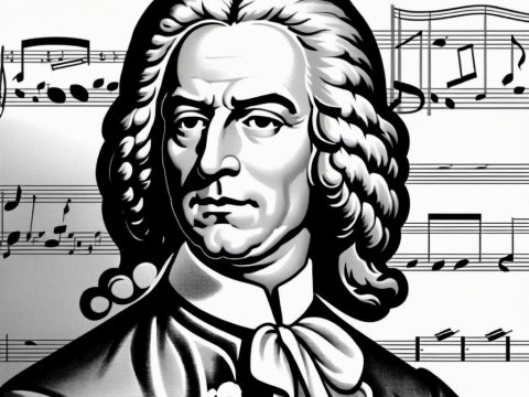 Black and White Illustration of Classical Composer with Musical Notes