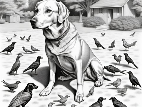 Black and White Illustration of Dog Surrounded by Birds
