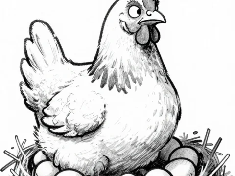Black and White Illustration of Hen Sitting on Eggs