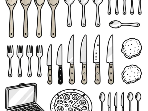 Black and White Kitchen Utensils and Food Illustration