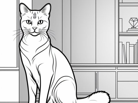 Black and White Line Art of a Sitting Cat Indoors