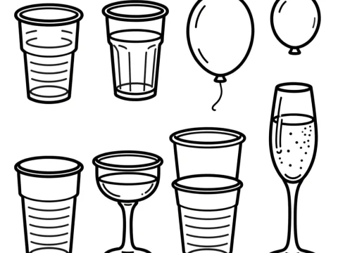 Black and White Line Art of Party Glasses and Balloons