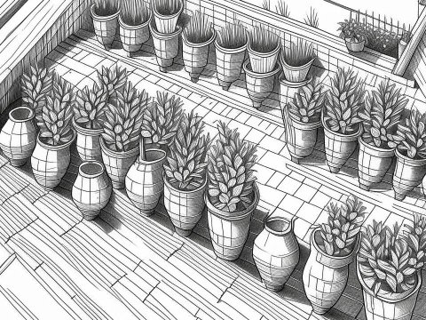Black and White Line Art of Potted Plants on a Porch
