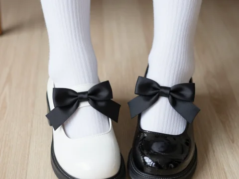 Black and White Loafers with Black Bows and White Socks