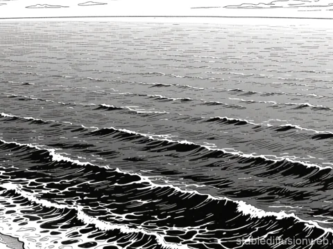 Black and White Manga Style Ocean Waves