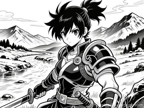 Black and White Manga Warrior by the River