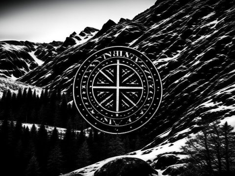 Black and White Mountain Landscape with Norse Symbol