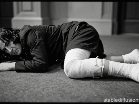 Black and White Portrait of a Man Lying with Bandaged Legs