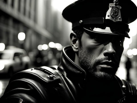 Black and White Portrait of a Police Officer in Urban Night