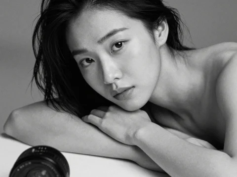 Black and White Portrait of a Woman with Camera Lens