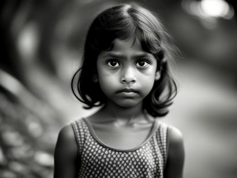 Black and White Portrait of a Young Girl with Intense Gaze