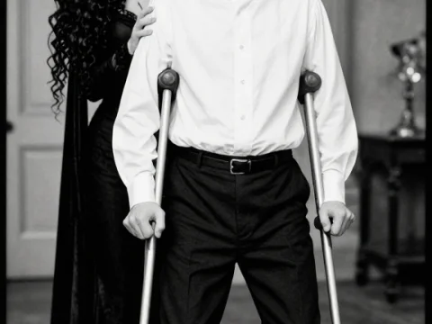 Black and White Portrait of Man on Crutches with Woman Behind