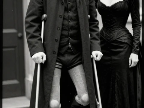 Black and White Portrait of Man on Crutches with Woman in Gothic Attire