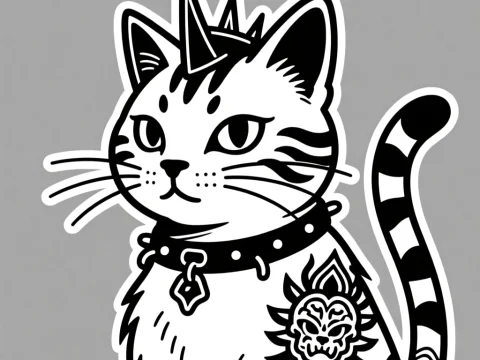 Black and White Punk Cat with Tattoo and Spiked Collar