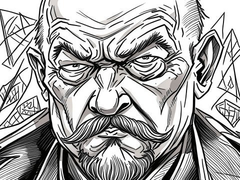 Black and White Sketch of a Stern Man with Mustache