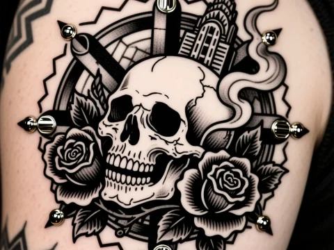 Black and White Skull Tattoo with Roses and Cityscape