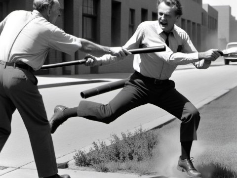 Black and White Street Fight Between Two Men with Batons