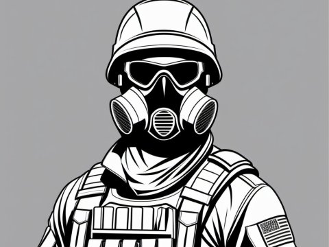 Black and White Tactical Soldier with Gas Mask Illustration