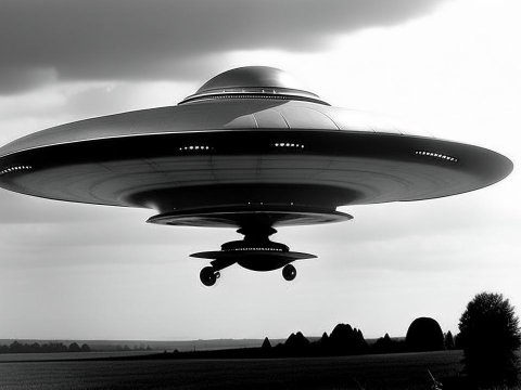 Black and White UFO Flying Over Countryside