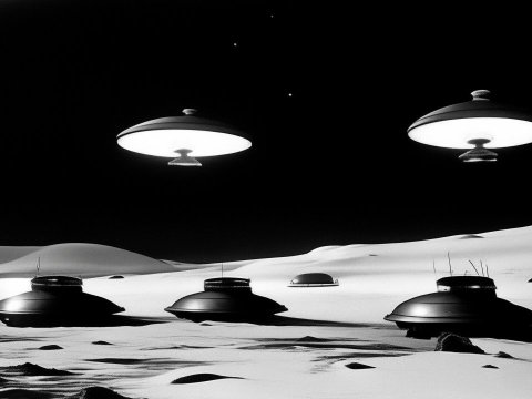 Black and White UFOs Hovering Over a Desert Landscape