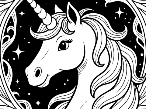 Black and White Unicorn Illustration with Starry Background