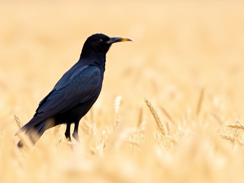 Black Bird Standing in Golden Wheat Field