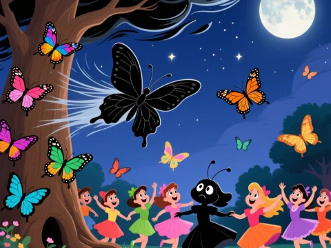 Black Butterfly Leading Colorful Butterflies and Dancing Children at Night