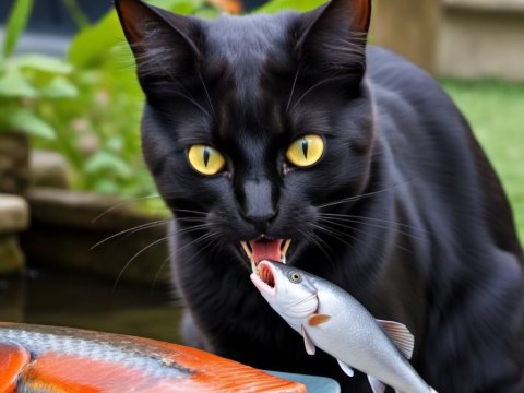 Black Cat Catching a Fish Near Salmon Fillet