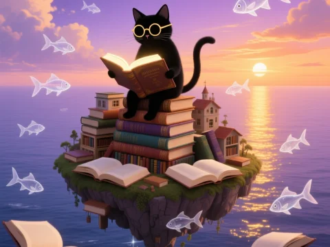 Black Cat Reading on Floating Island of Books at Sunset