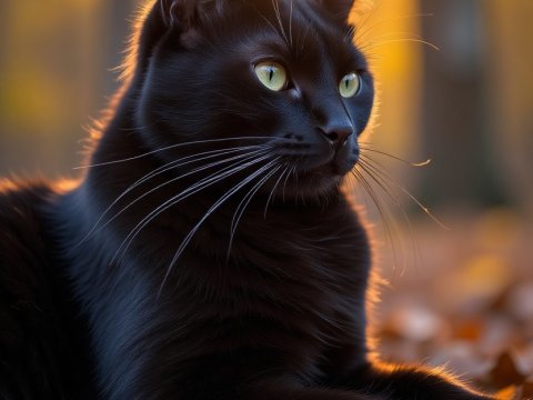 Black Cat Resting on Autumn Leaves at Sunset