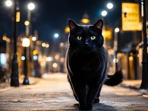 Black Cat Walking on a City Street at Night