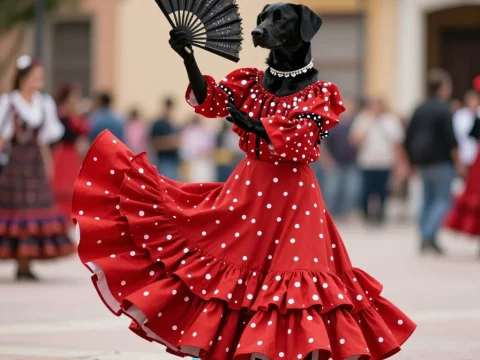 Black Dog in Traditional Sevillana Dress Dancing with Fan