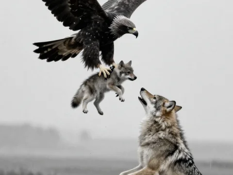 Black Eagle Carrying Wolf Pup Over Adult Wolf