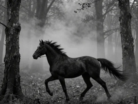 Black Horse Running Through Misty Forest