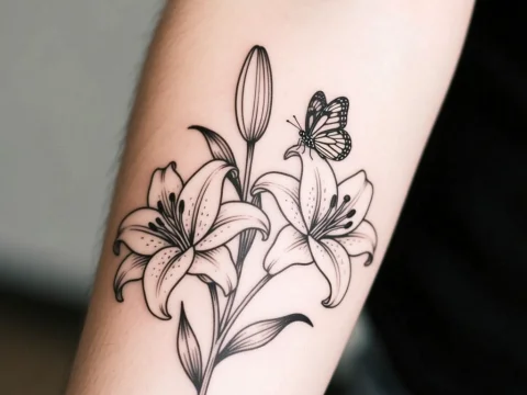 Black Ink Lily Flowers with Butterfly Tattoo