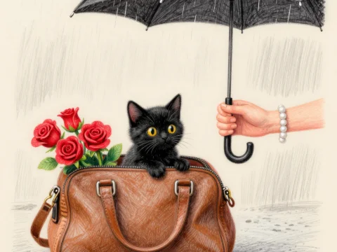 Black Kitten Sheltered by Umbrella in Rainy Scene