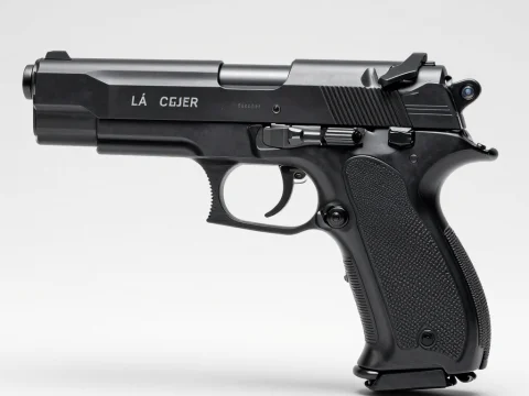 Black Lacquer Semi-Automatic Pistol on White Background