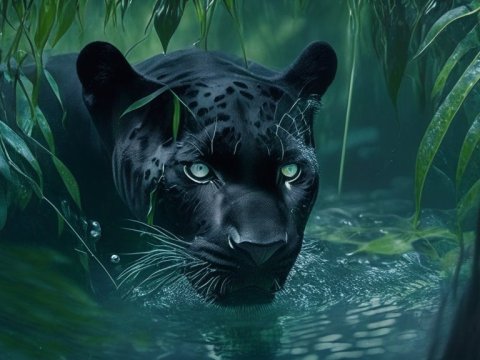 Black Panther Emerging from Jungle Water