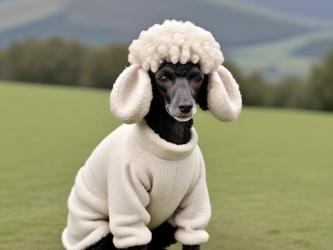 Black Poodle Wearing Sheep Costume Outdoors