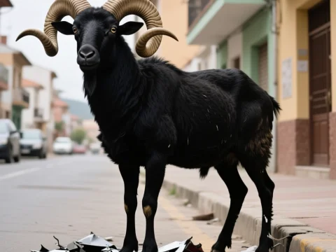 Black Ram Standing on Urban Street Amid Broken Glass