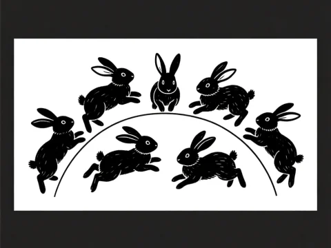 Black Silhouette Bunnies Hopping in Arc Formation