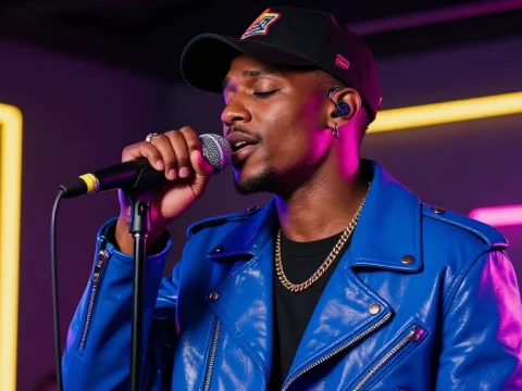 Black Singer Performing Live with Neon Lights