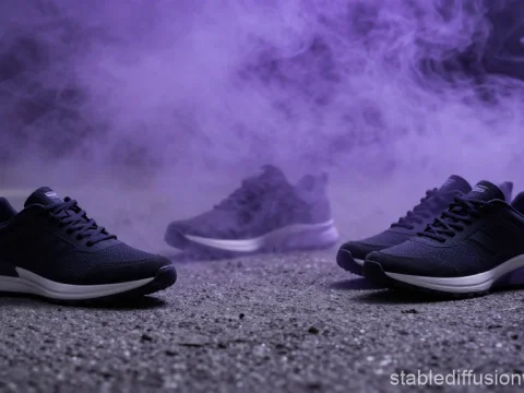 Black Sneakers with Purple Smoke Effect on Asphalt