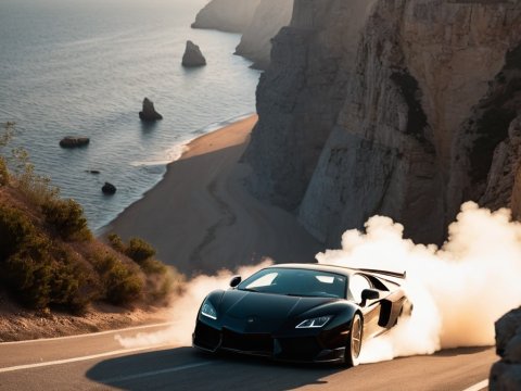 Black Sports Car Drifting on Coastal Cliff Road