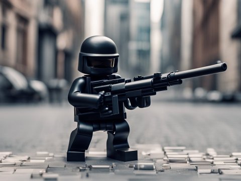 Black Tactical Lego Soldier with Sniper Rifle in Urban Setting