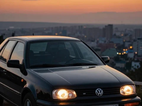 Black Volkswagen Passat at Sunset with Cityscape Background