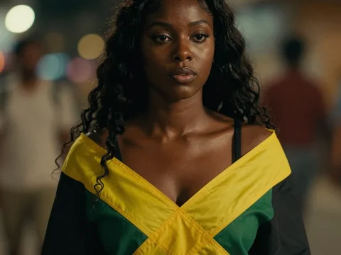 Black Woman Wearing Jamaican Flag Top in Urban Night Setting