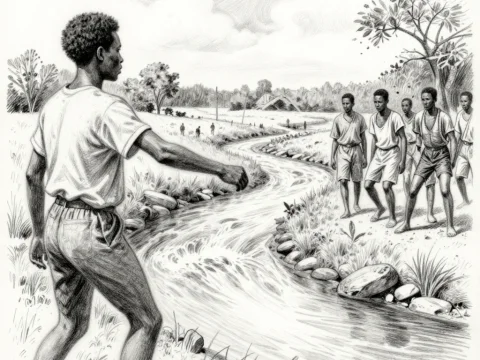 Black Youths Crossing a Stream in a Rural Landscape