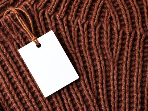 Blank White Paper Tag on Brown Knitted Fabric