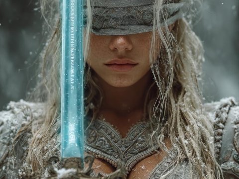 Blindfolded Warrior Woman Holding Glowing Sword in Snow